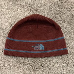 The North Face Maroon Knit Beanie with Blue Accents